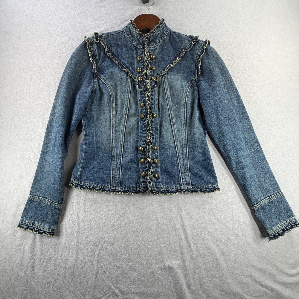 Rave Y2K Victorian Denim Jacket High Neck Hook & Eye Fitted Womens M - Picture 8 of 9